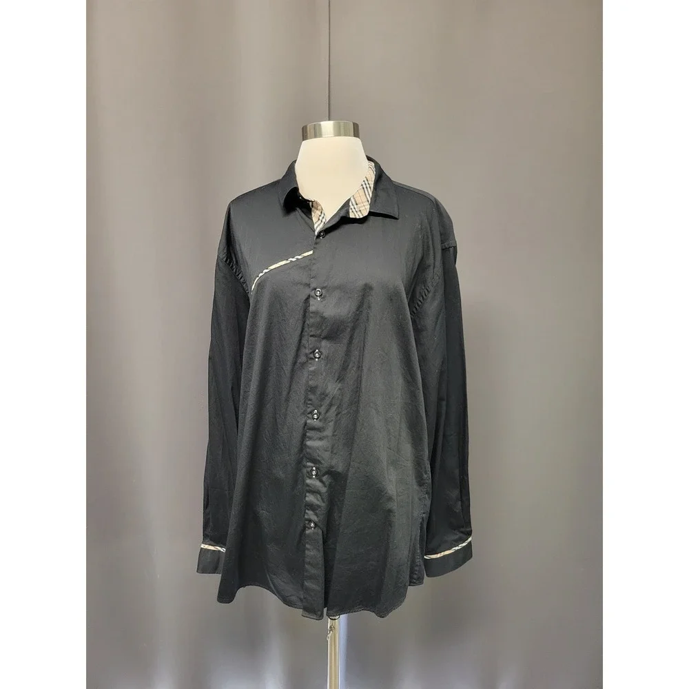 Banana‎ Lemon Shirt Black Nova Check Plaid Accent Cotton Saten Long Sleeve XL